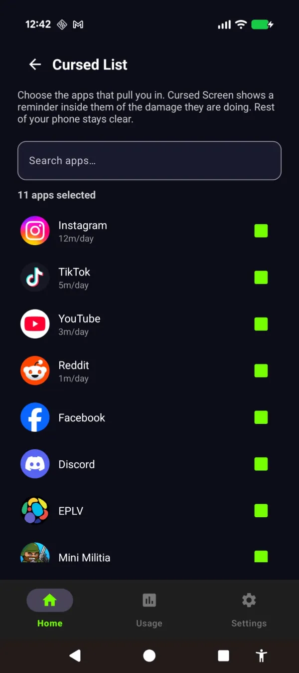 Cursed Screen app selector, choosing which apps to curse