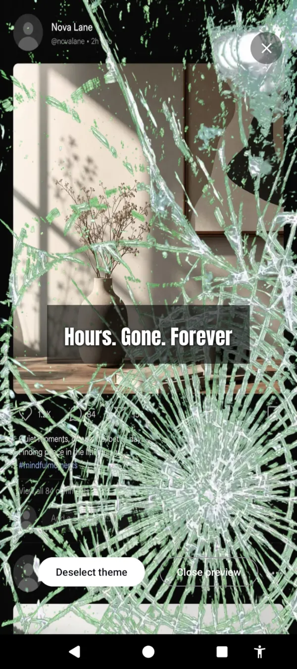 Cracked glass shattering across a social media feed