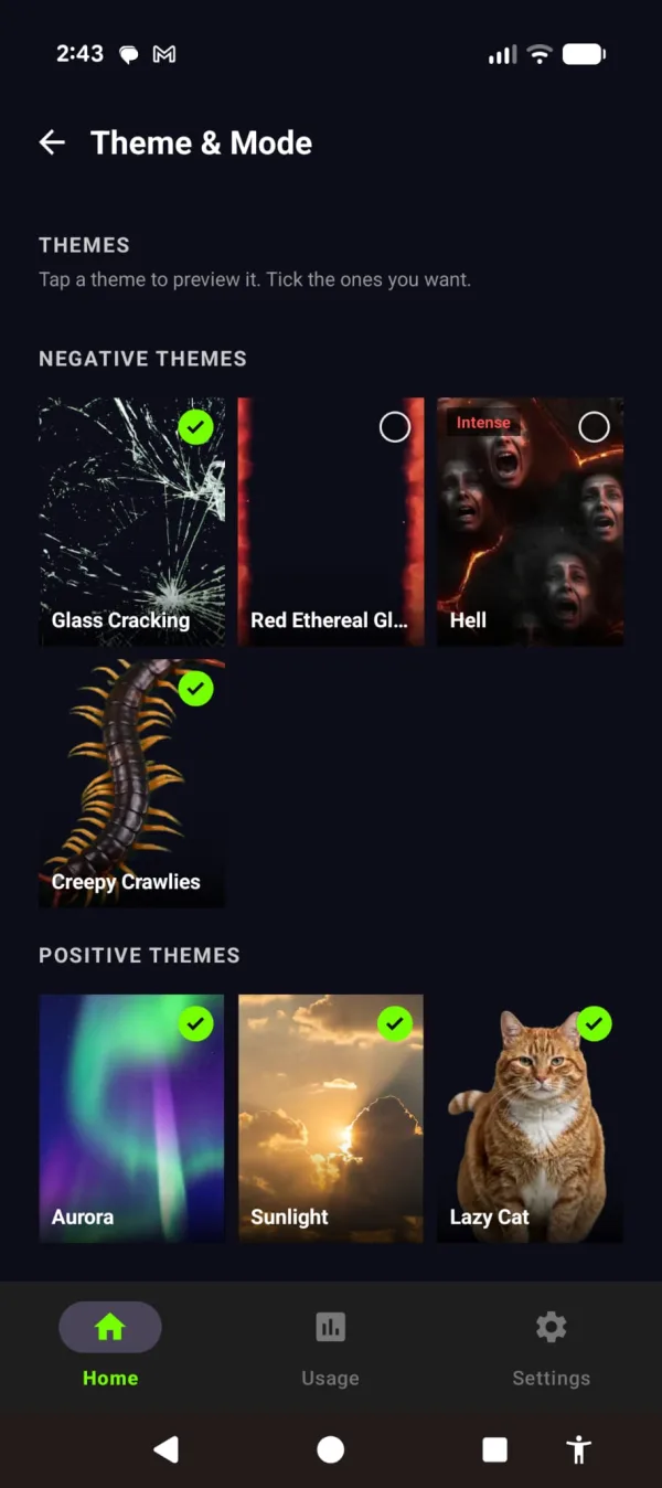 Cursed Screen theme and mode picker, with negative and positive themes